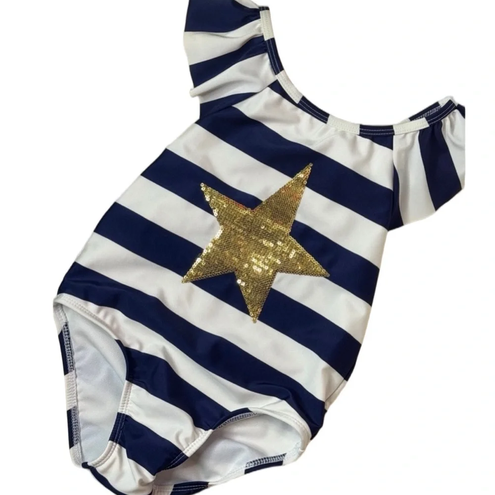 Cat & Jack Navy Stripe One Piece Swimsuit Gold Star Girls 5T Beach Swimwear